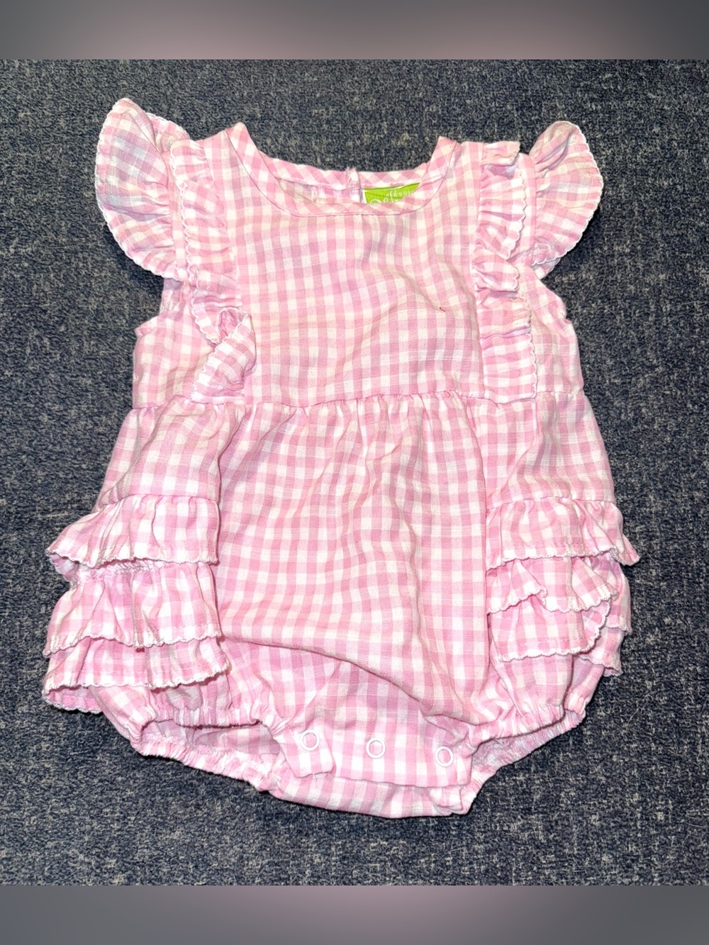 Classic Whimsy pink gingham ruffled bubble romper, size 9mos